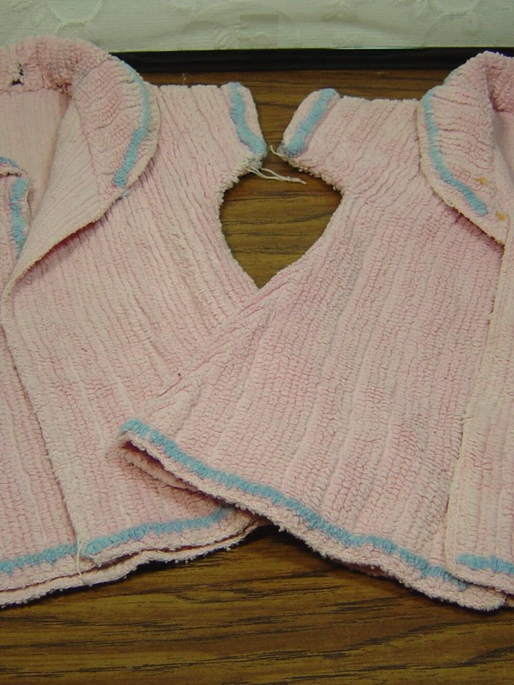 Vintage twin pink chenille newborn robes or bath wraps with blue trim